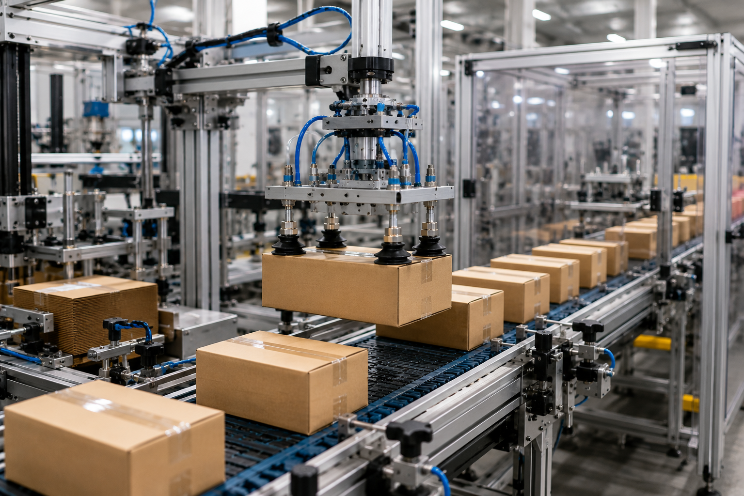 Automated packaging production line showing pneumatic and vacuum-powered pick-and-place equipment handling packaged products.