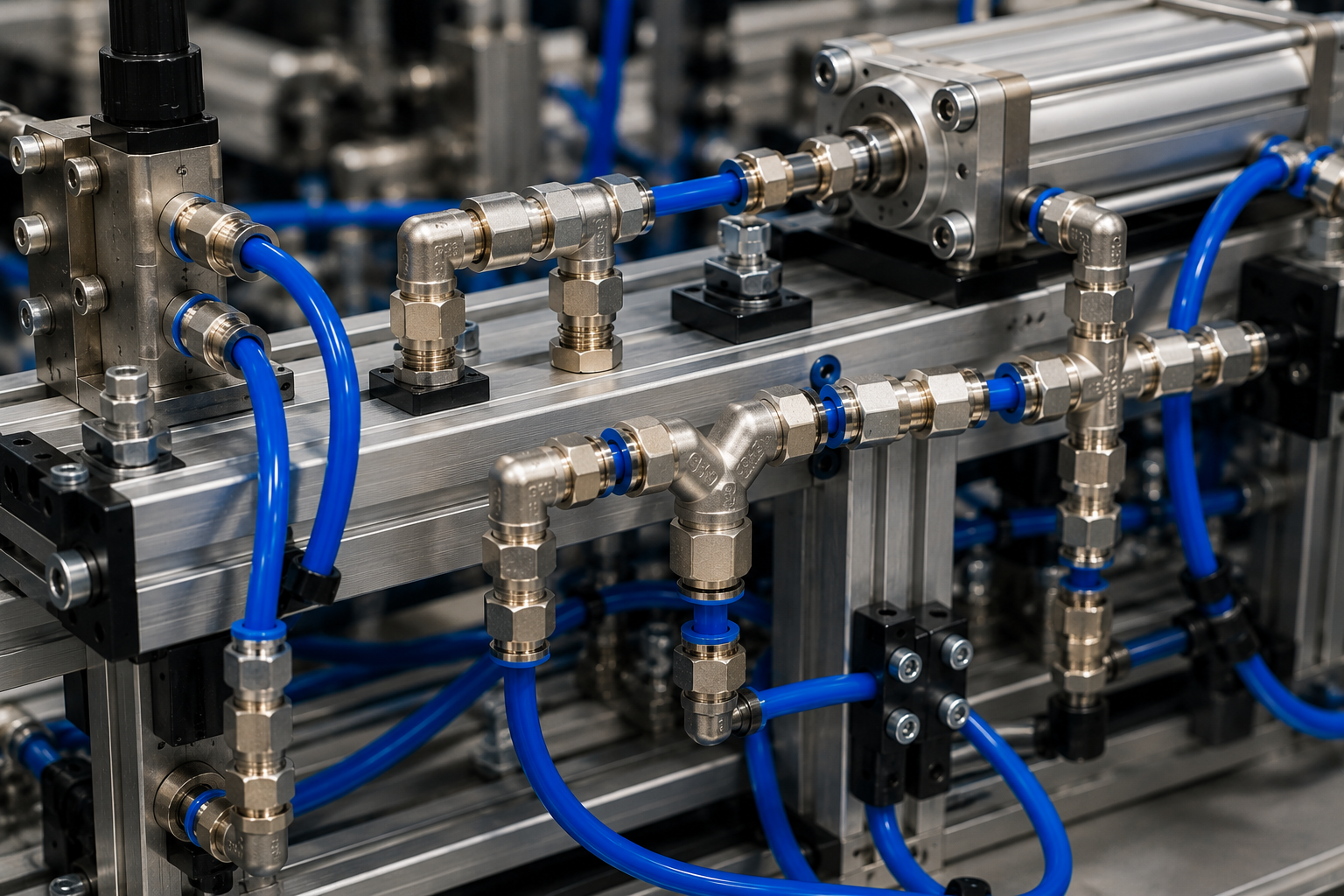 Industrial maintenance/workbench scene showing nickel-plated push-in fittings alongside two different diameters of pneumatic tubing, with additional installed fittings visible on machinery in the background.