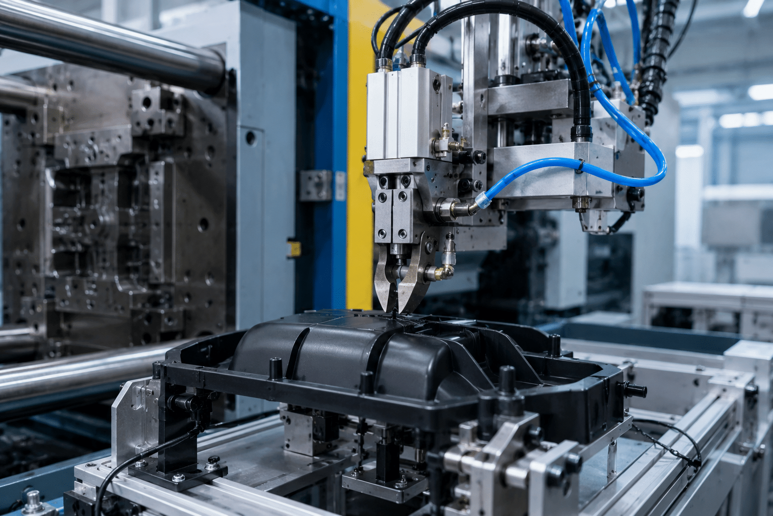 Pneumatic air nippers and nipper blades used for cutting and degating injection moulded plastic parts in an automated production setup