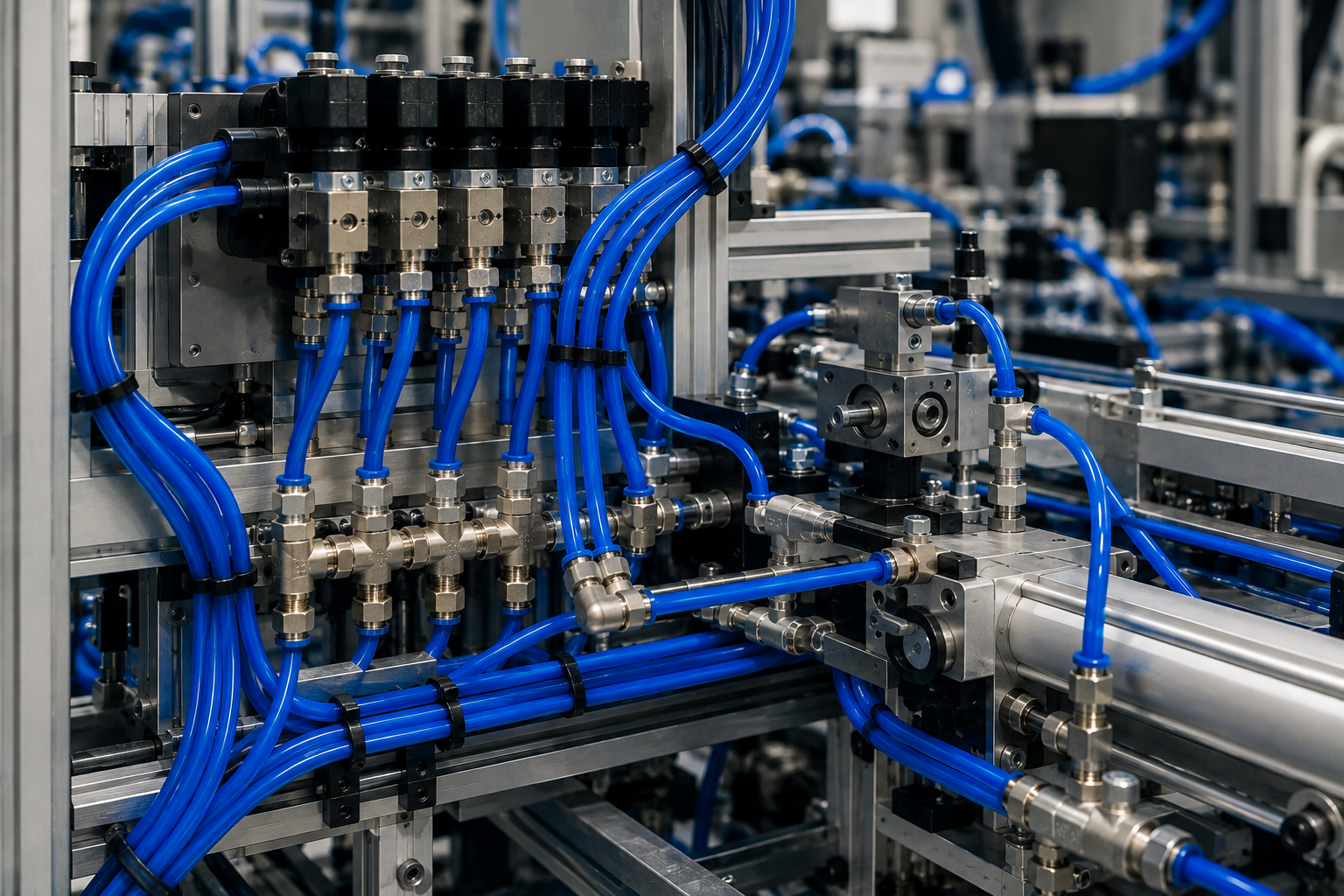Industrial pneumatic equipment with multiple runs of flexible polyurethane tubing routed cleanly through machinery and connected to pneumatic fittings.