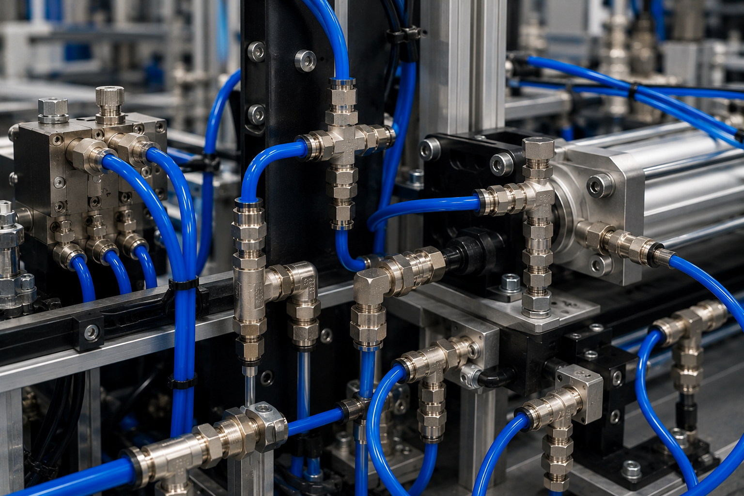 Installed pneumatic machinery featuring nickel-plated metal push-in fittings and pneumatic tubing.