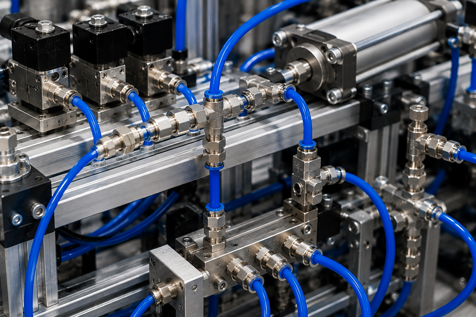Close industrial pneumatic assembly where nickel-plated tee and Y-style push-in connections visibly divide tubing routes within machinery.
