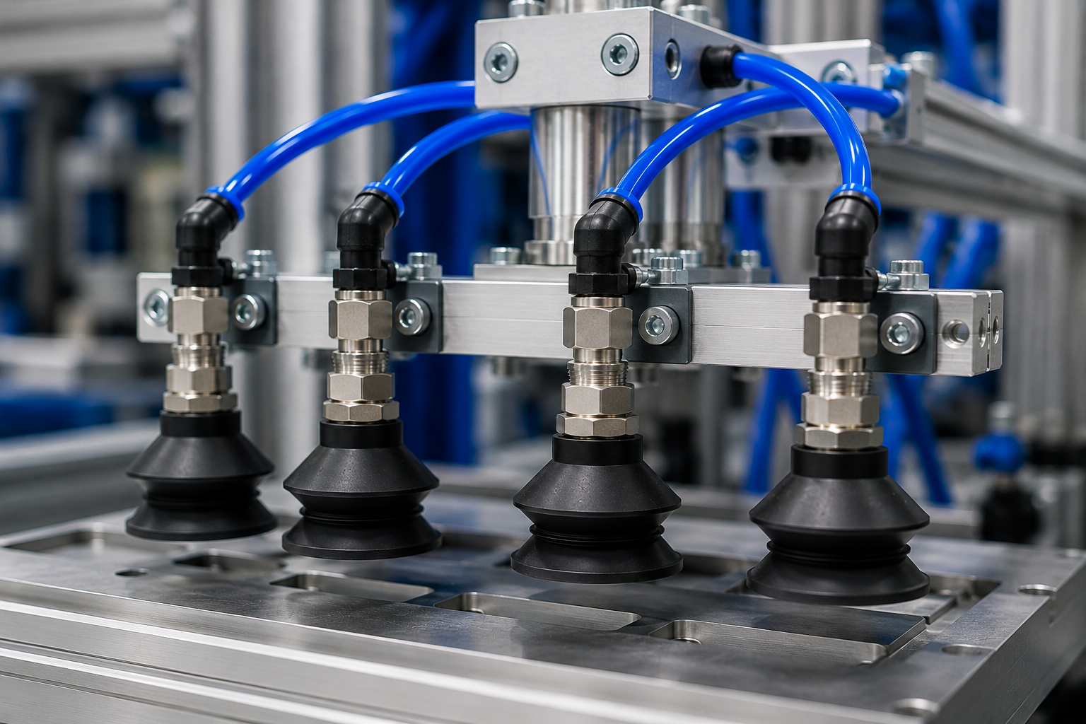 Polyurethane vacuum cups mounted to an industrial EOAT assembly for automated part handling.