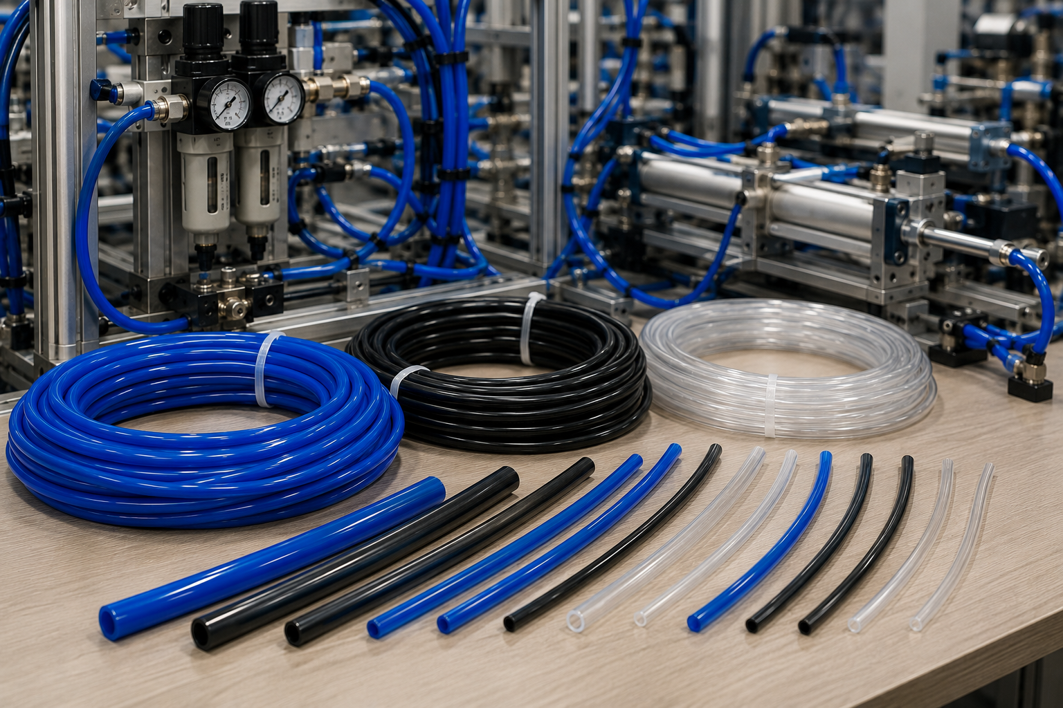 Industrial maintenance/workbench setting showing coiled and straight lengths of pneumatic tubing in several diameters beside pneumatic equipment.