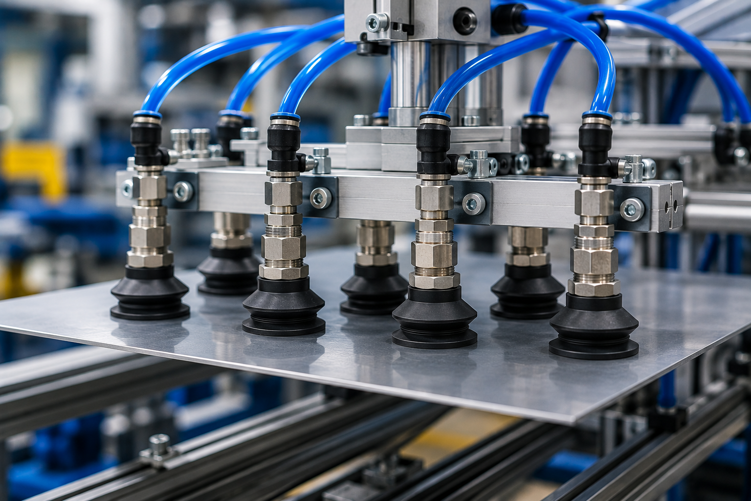 Industrial vacuum suction cups mounted on automated handling equipment with pneumatic tubing and EOAT hardware.