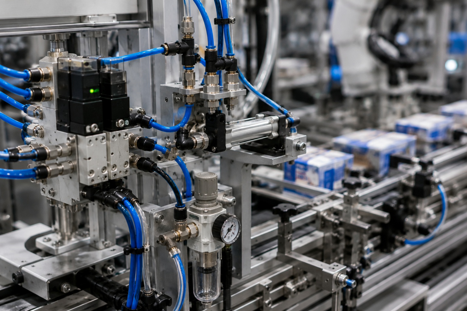 Close industrial view of pneumatic tubing and compact push-in fittings installed on automated packaging machinery, with cylinders, valves and production equipment.