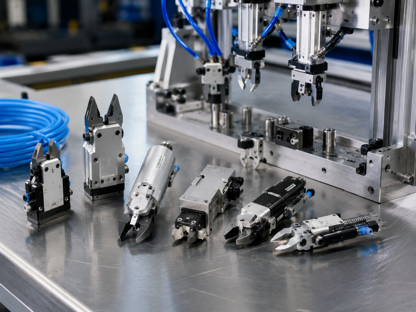 Industrial workbench or automated tooling assembly showing several pneumatic nipper styles beside blue pneumatic tubing and EOAT mounting hardware.