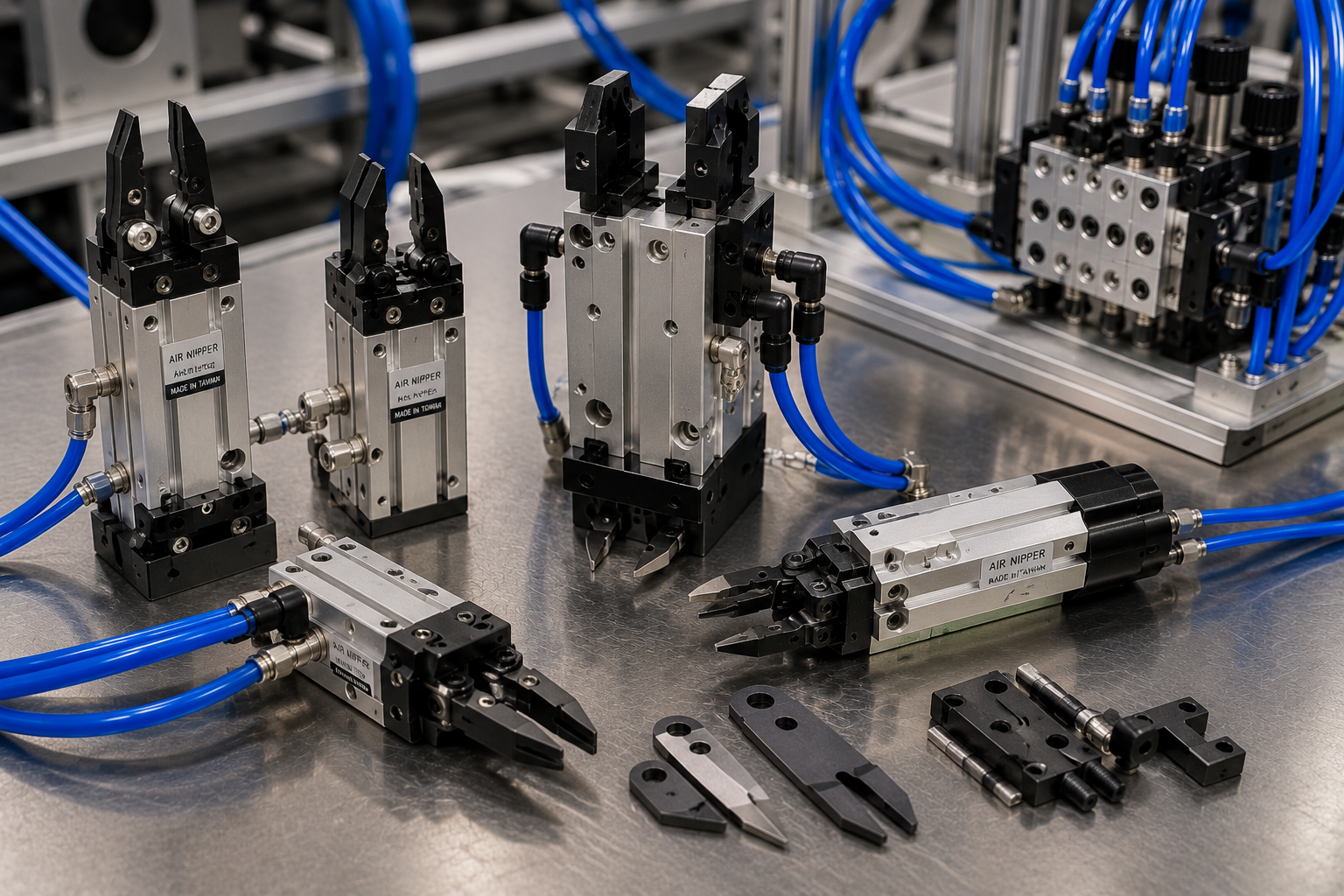 Close view of an industrial EOAT assembly combining a pneumatic nipper with aluminum profiles, clamps, connectors and pneumatic tubing.