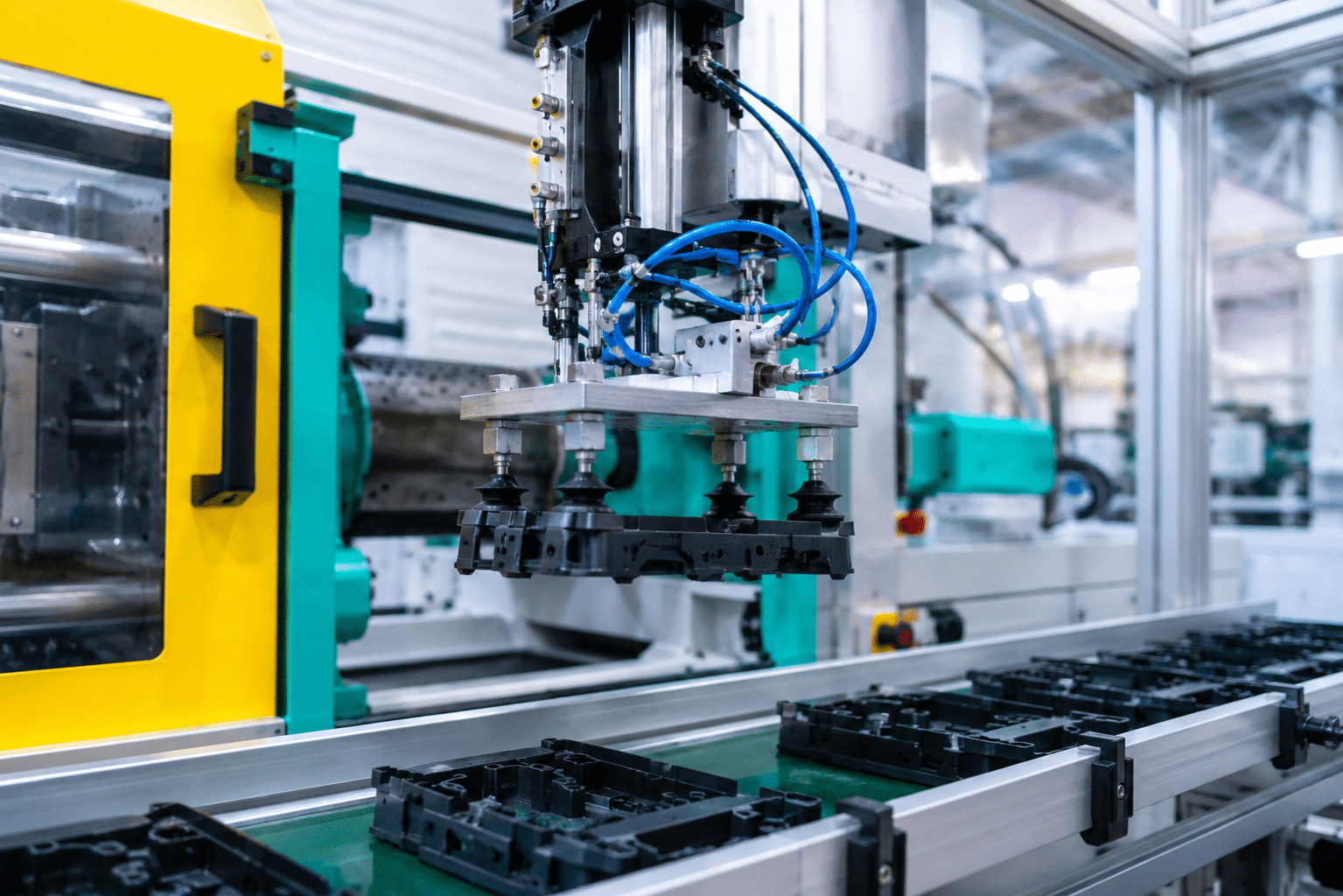 Industrial robotic tooling used for injection moulding automation, showing EOAT components handling moulded plastic parts with pneumatic and vacuum connections visible.