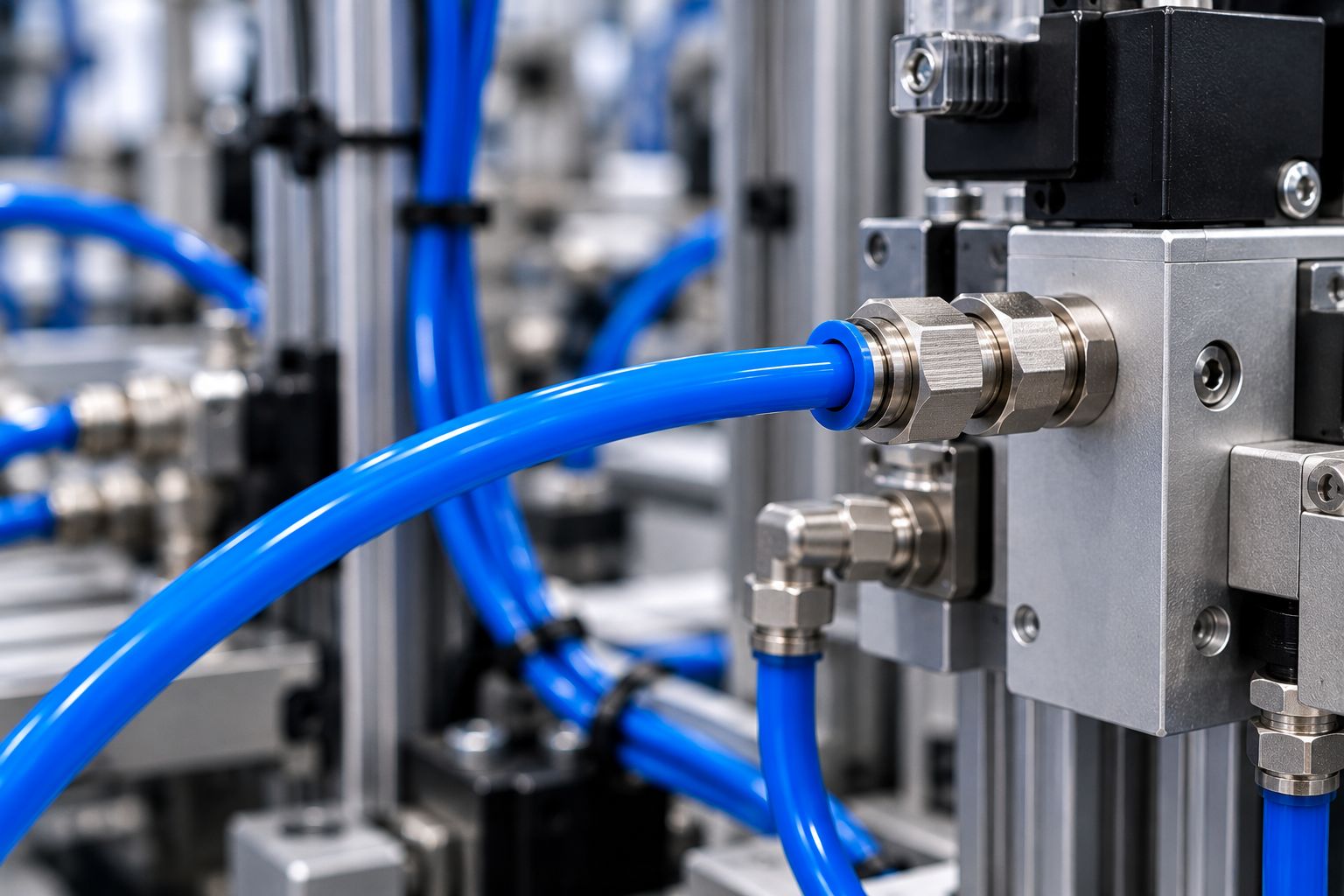 Close-up of flexible pneumatic tubing being installed into a push-in fitting on industrial machinery.