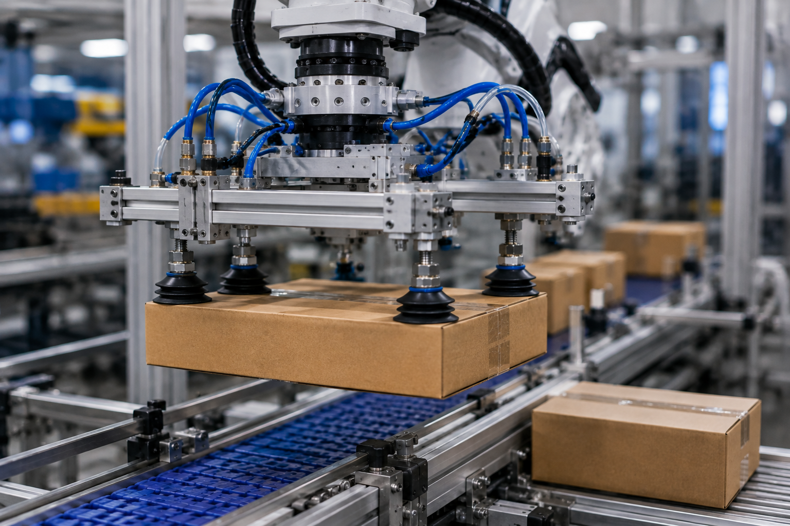 Robotic end-of-arm tooling handling packaged products on a production line, with aluminum profiles, grippers or vacuum components and pneumatic lines.
