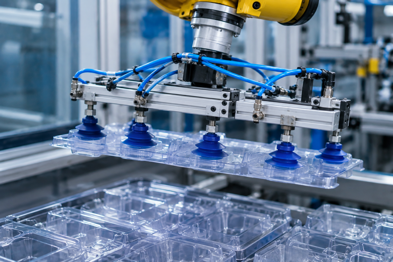 Vacuum level compensators mounted within an injection moulding automation assembly, connected to vacuum cups and EOAT hardware for part handling.