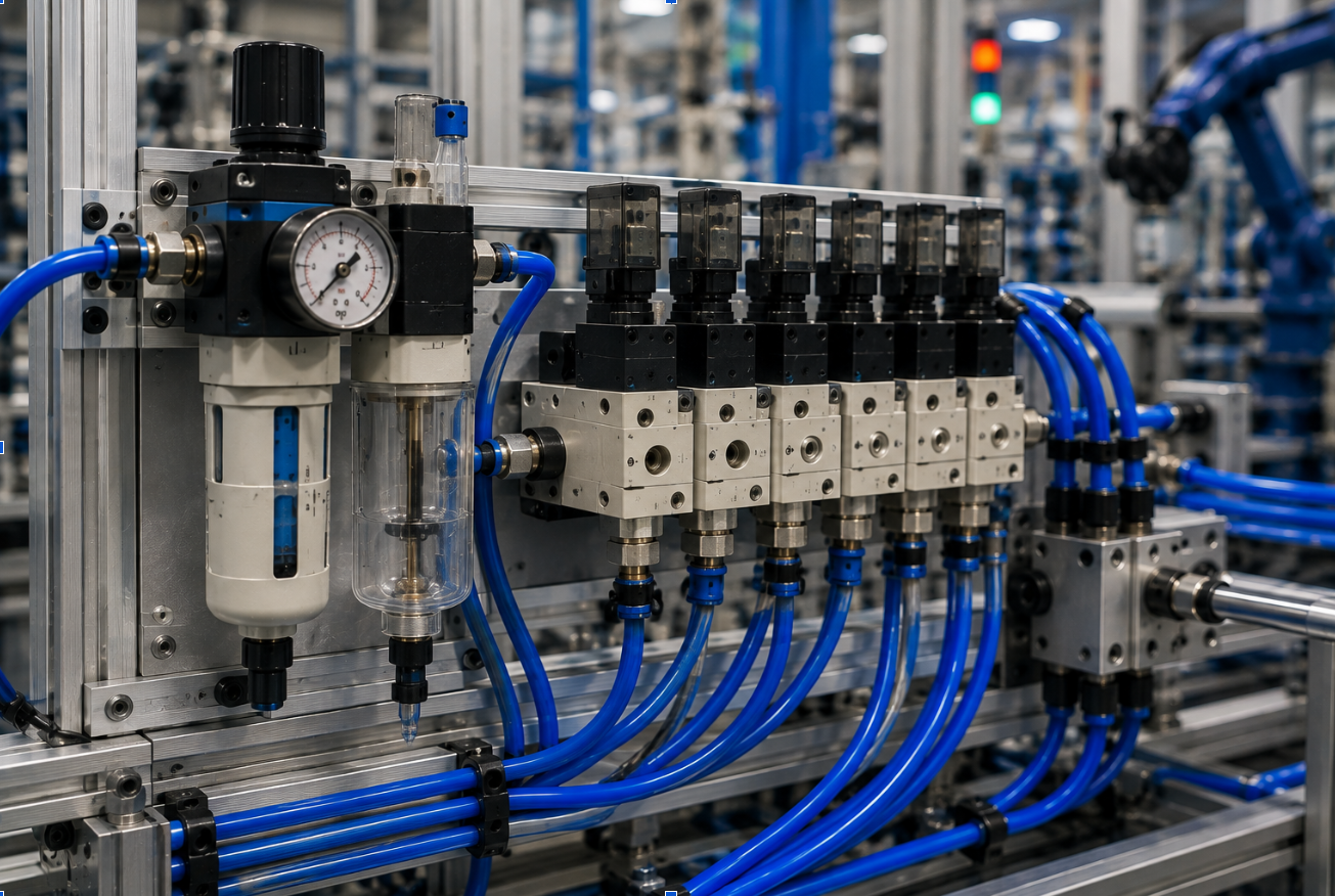 Industrial pneumatic control area showing an air preparation assembly and solenoid valve bank installed on machinery, with pneumatic tubing and fittings visible.