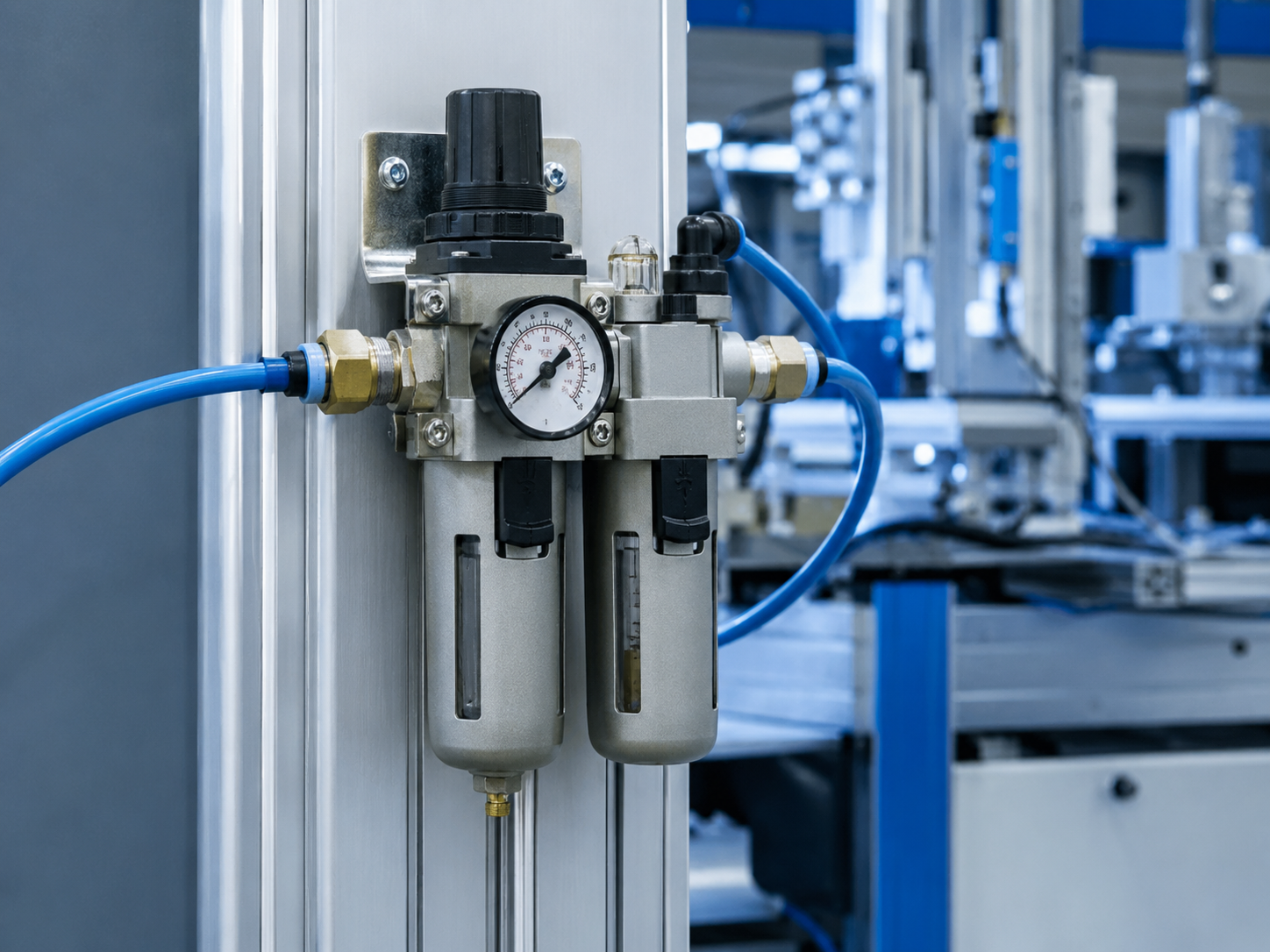 Compact pneumatic filter-regulator assembly with pressure gauge and compressed-air connections installed on industrial equipment.