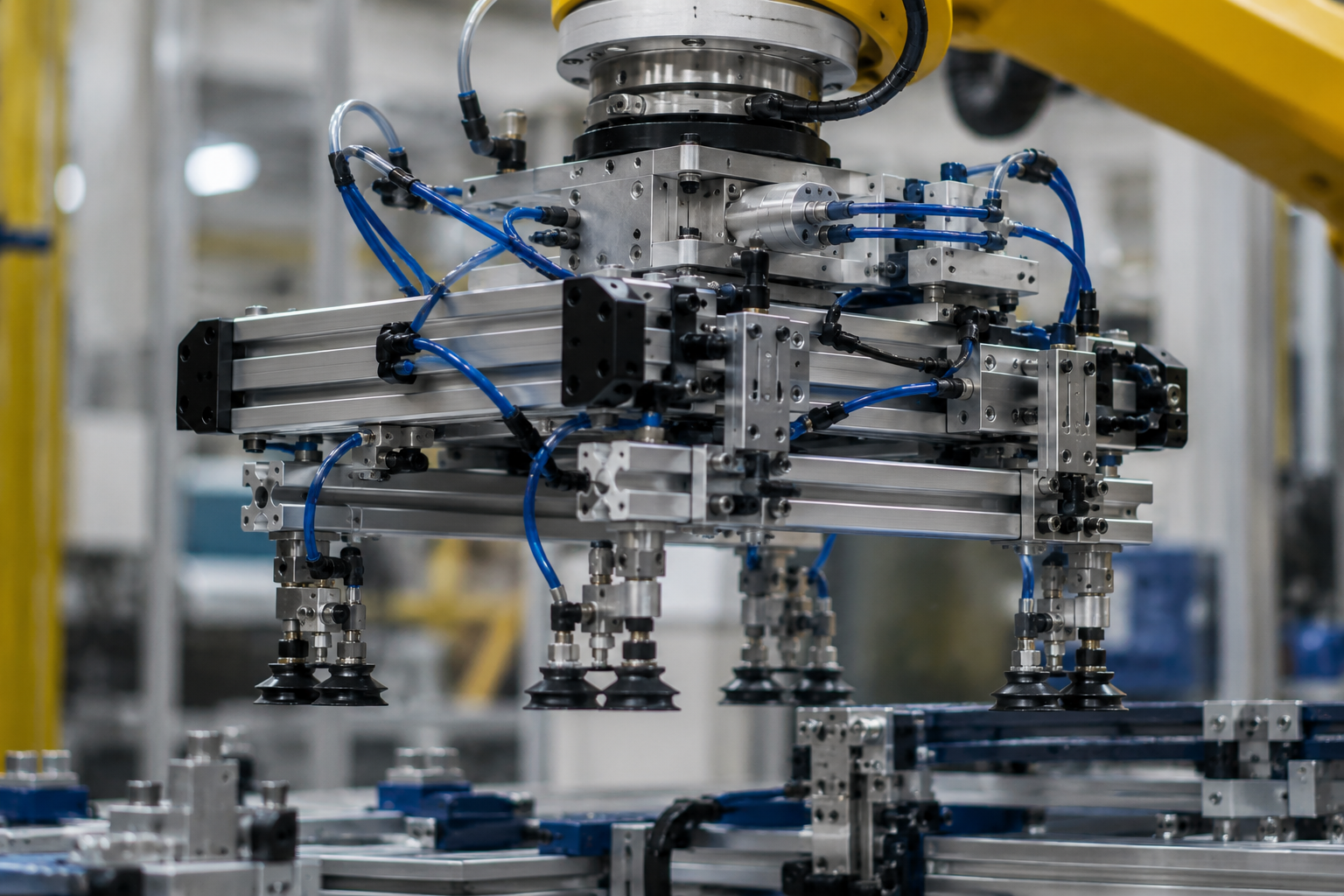 Close-up industrial process showing a robotic wrist and modular EOAT assembly connecting through a mechanical quick-change interface, with pneumatic lines and tooling.