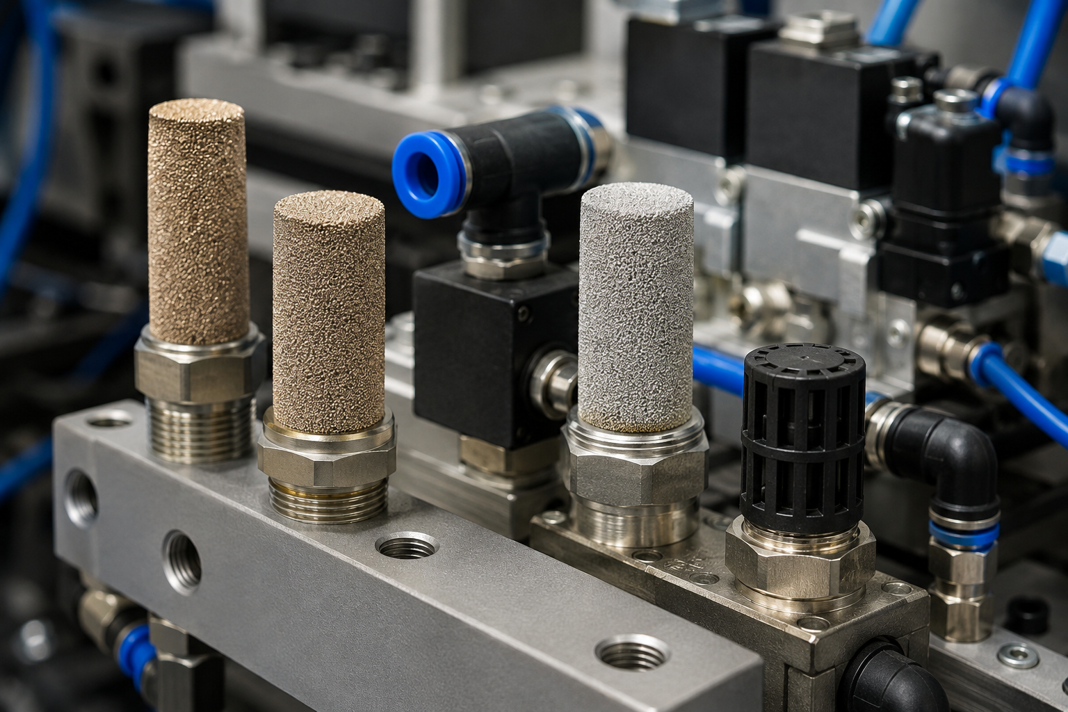 Pneumatic mufflers and silencers installed on industrial valves and compressed-air equipment.