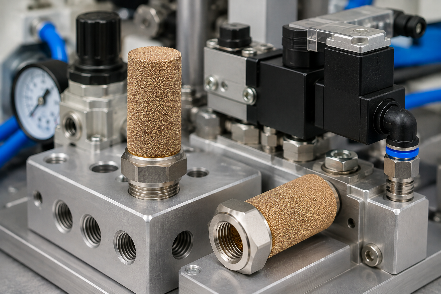Stainless steel pneumatic mufflers connected to industrial compressed-air equipment.