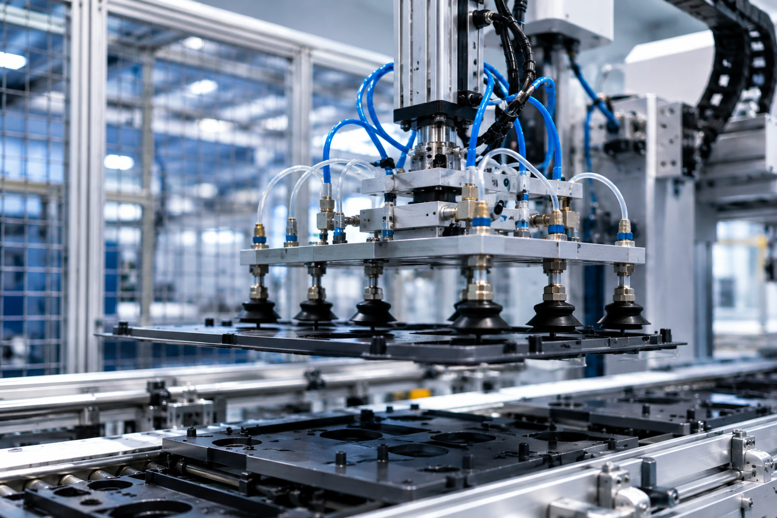 Industrial vacuum pick-and-place process showing an EOAT assembly using multiple vacuum cups to handle manufactured components.