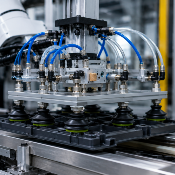 Close industrial process image showing a compact pneumatic vacuum generator integrated into an automated handling system, with pneumatic tubing and vacuum lines visible.