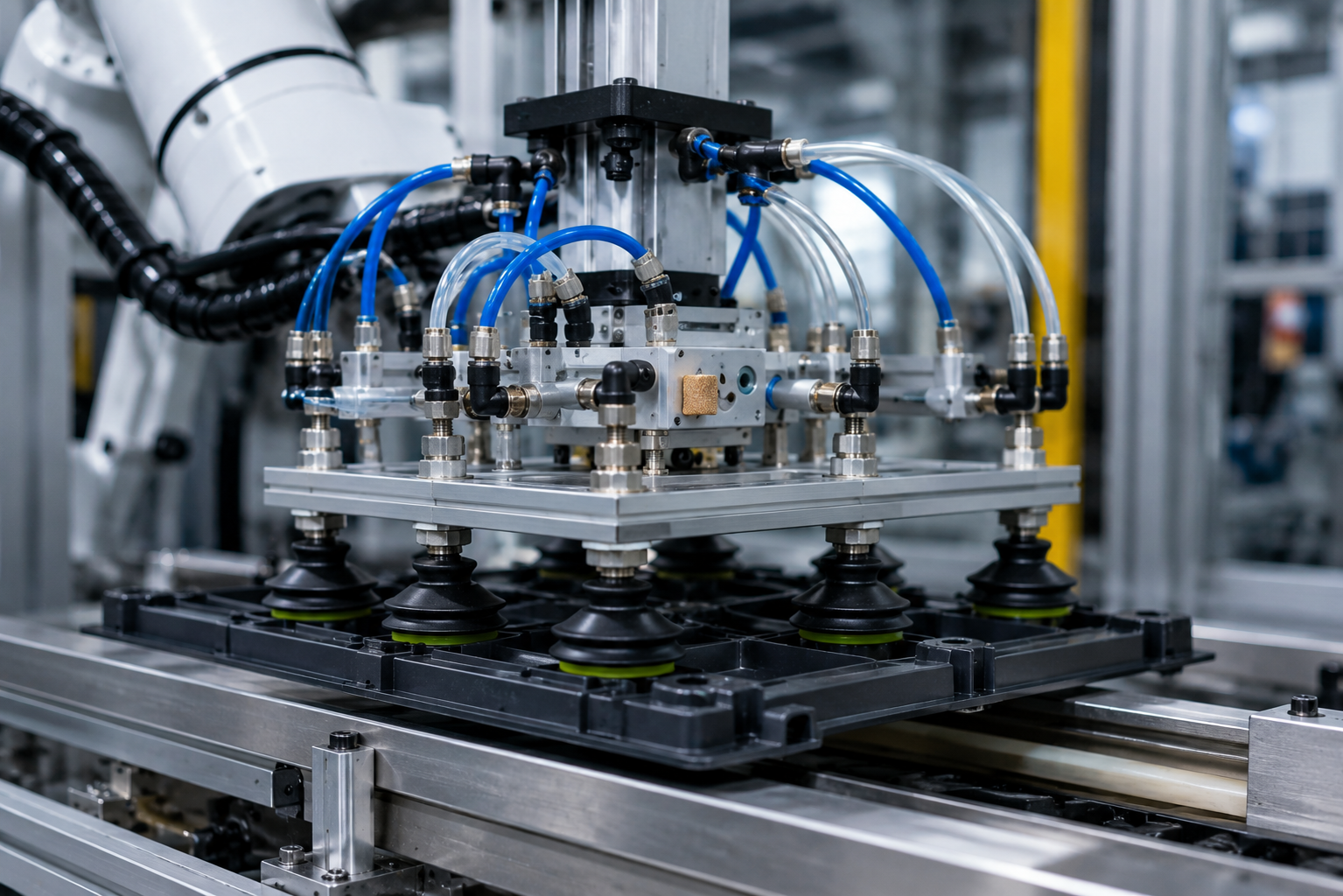 Close industrial process image showing a compact pneumatic vacuum generator integrated into an automated handling system, with pneumatic tubing and vacuum lines visible.
