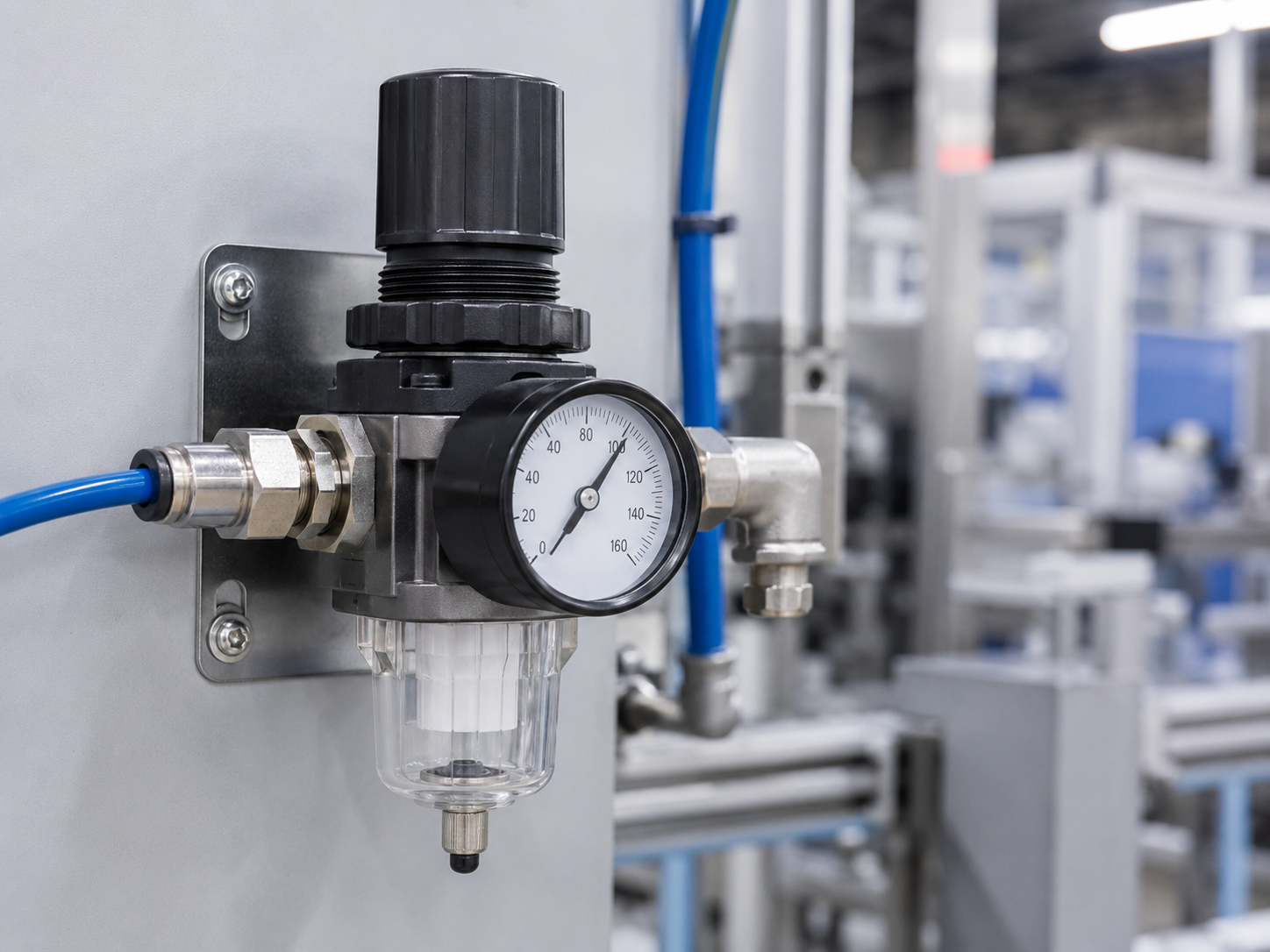 Industrial pneumatic air regulator installed with a pressure gauge, fittings and compressed-air tubing.