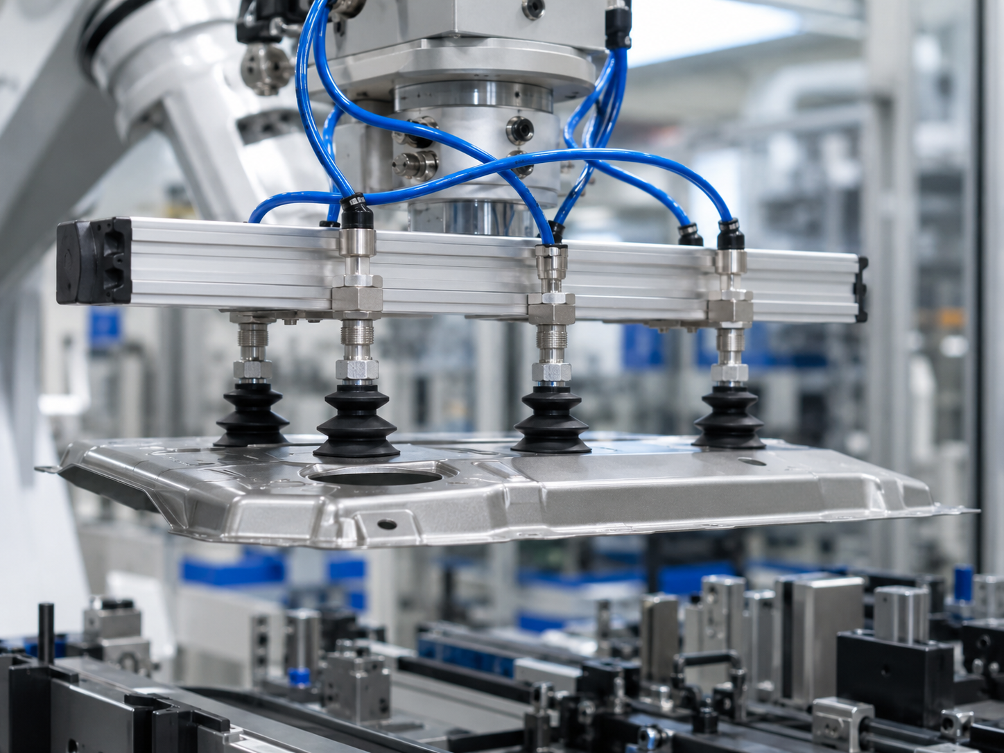 Industrial robotic handling equipment using multiple vacuum cups to lift and position a manufactured component.