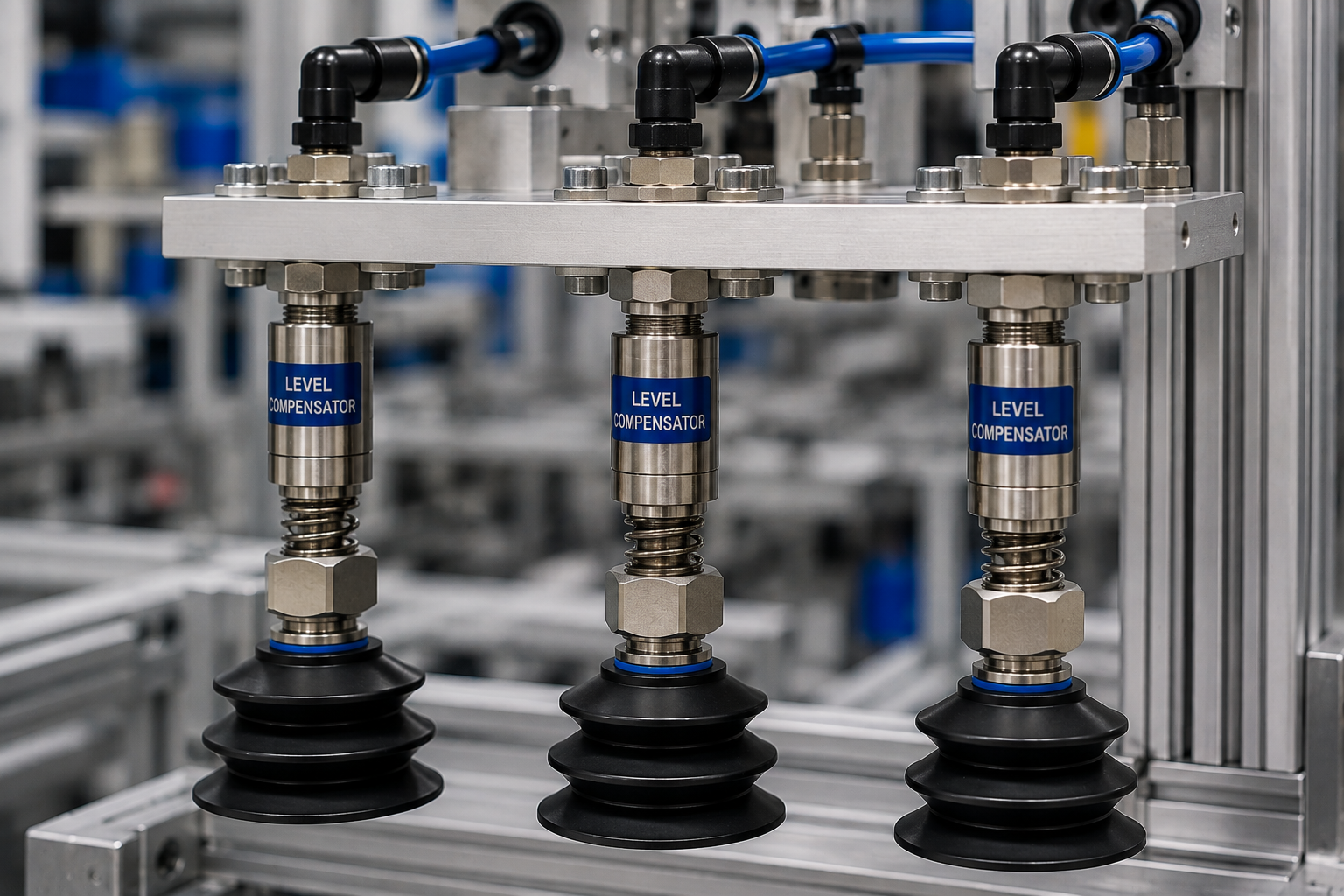 Industrial vacuum cups connected to level compensators on an automated pick-and-place tooling assembly.
