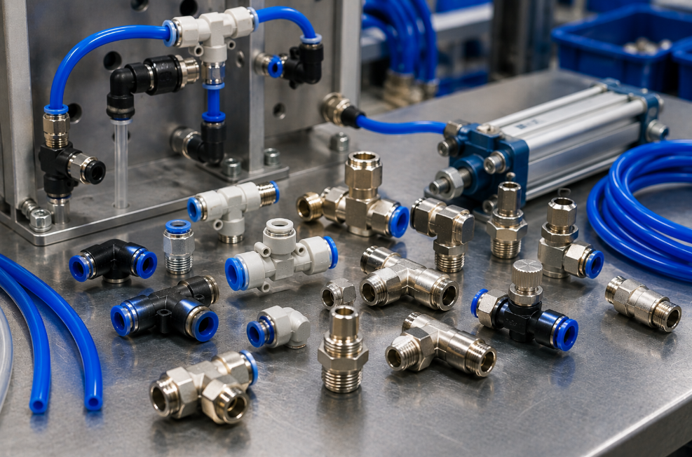 Pneumatic assembly/workbench scene showing several push-in fitting sizes beside metric and imperial pneumatic tubing.
