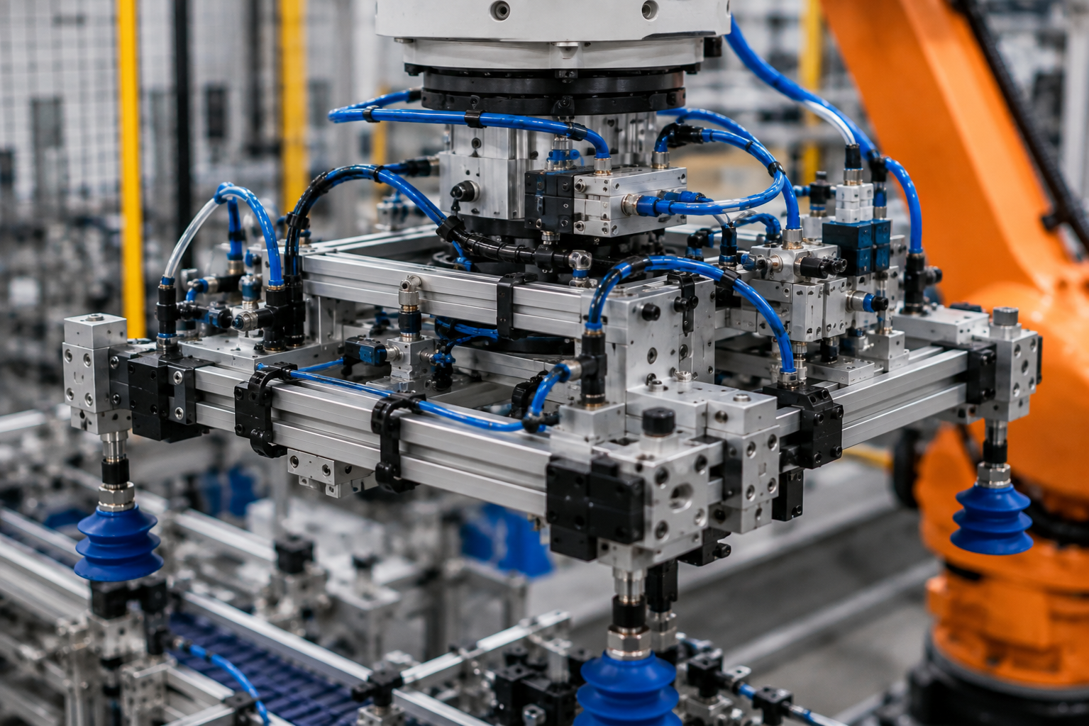 Close industrial view of a modular EOAT frame constructed from aluminum profiles, clamps, connectors and mounting hardware, with pneumatic tubing and handling components attached.
