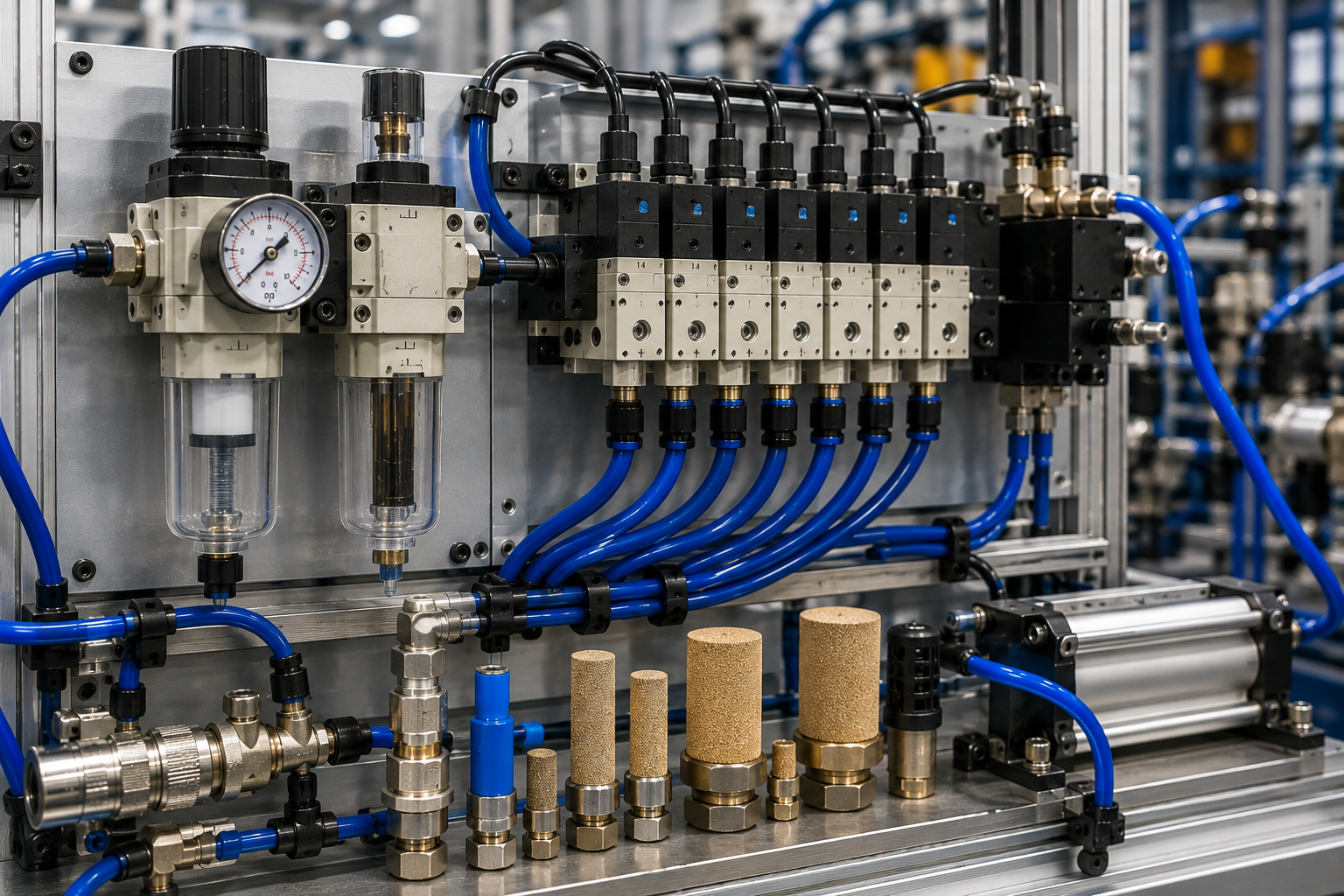 Close industrial image of pneumatic exhaust components and compact silencers installed around valves and pneumatic equipment.