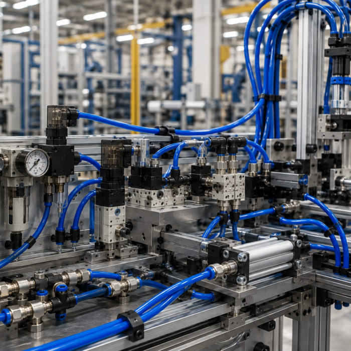 Industrial Ontario manufacturing environment with pneumatic machinery in the foreground: tubing, push-in fittings, valves and automated equipment.