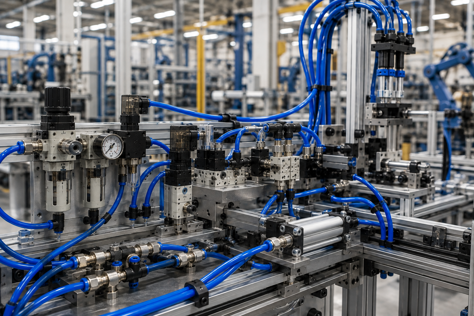 Industrial Ontario manufacturing environment with pneumatic machinery in the foreground: tubing, push-in fittings, valves and automated equipment.