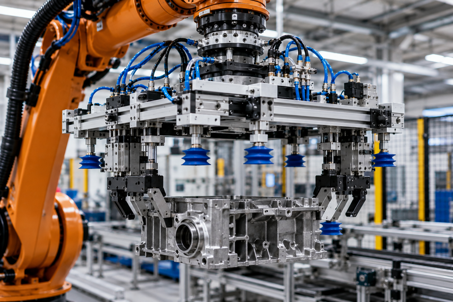 Complete industrial robotic EOAT assembly in operation, showing an aluminum tooling frame, pneumatic lines, grippers and vacuum components handling a manufactured part.