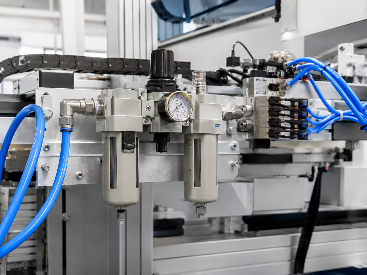 Pneumatic air preparation equipment installed on industrial machinery, including filters, regulators and lubricators with pneumatic tubing and fittings.