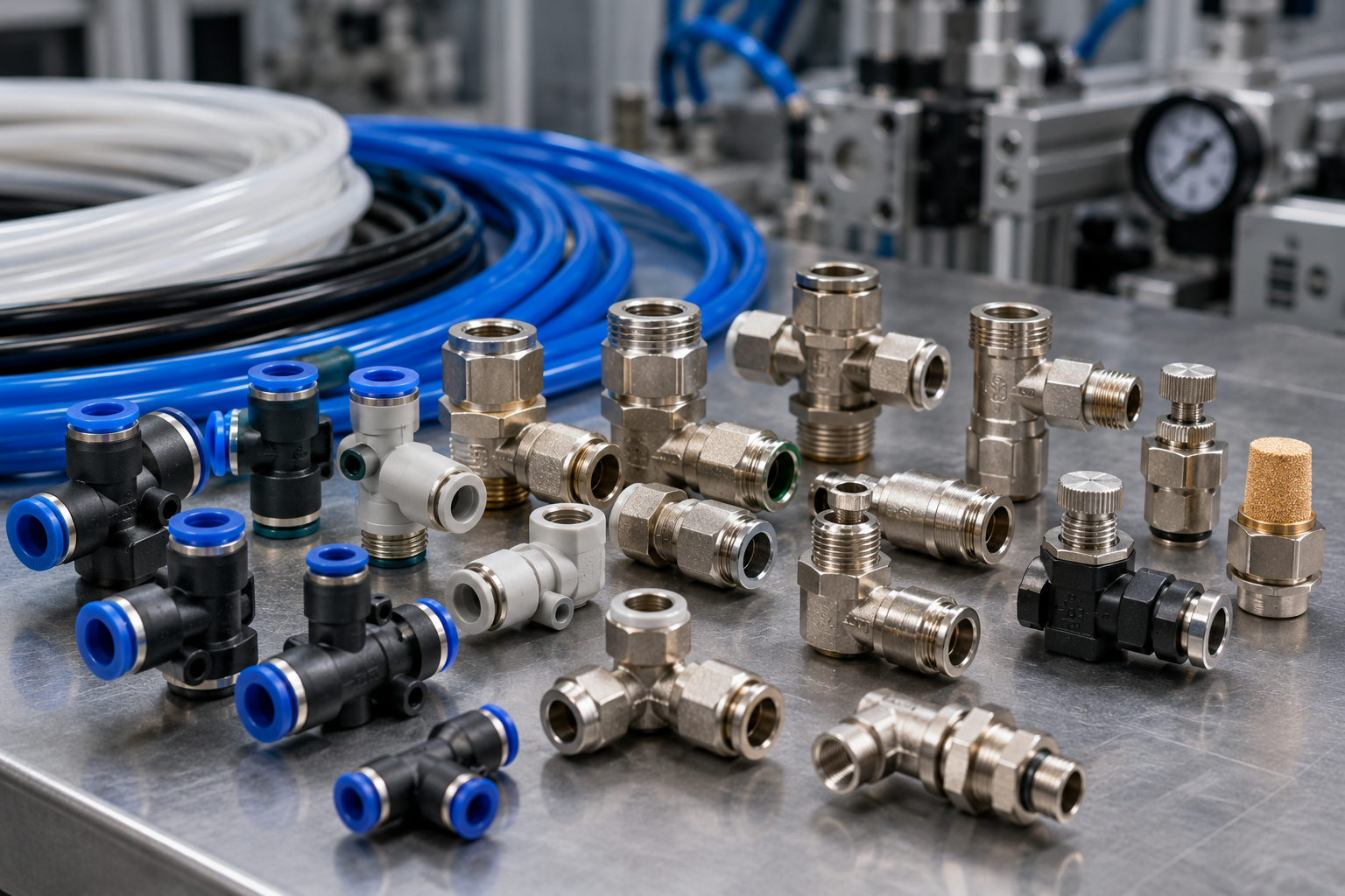 Clean industrial workbench or pneumatic assembly showing a realistic assortment of push-in pneumatic fittings connected to tubing, with plastic, nickel-plated brass and stainless-style components.