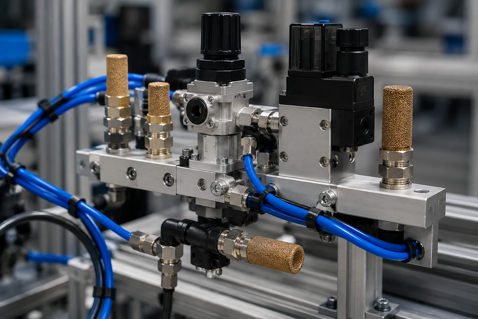 Compact pneumatic flow-control and exhaust silencers mounted around industrial valves and air lines.