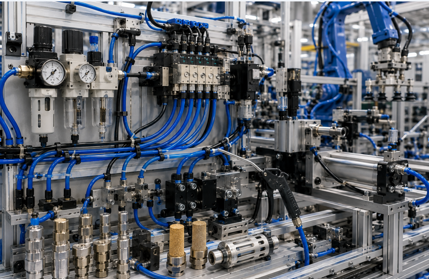 Wide industrial pneumatic system showing tubing, fittings, valves, air preparation components and pneumatic hardware installed on automated machinery.