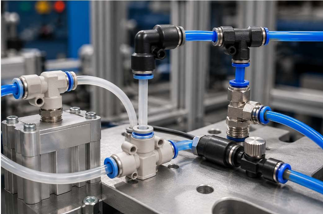 Close industrial pneumatic assembly showing push-in fittings installed with tubing. Include realistic straight, elbow and tee configurations, with plastic and metal fitting styles.
