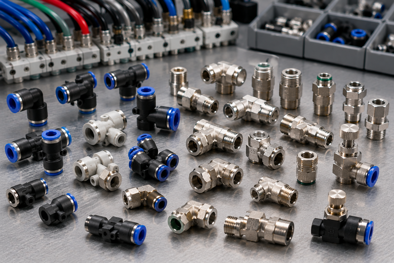 Close industrial process image showing pneumatic tubing being routed through several compact push-in fittings mounted on automated machinery, with elbows, straight connectors and tee.