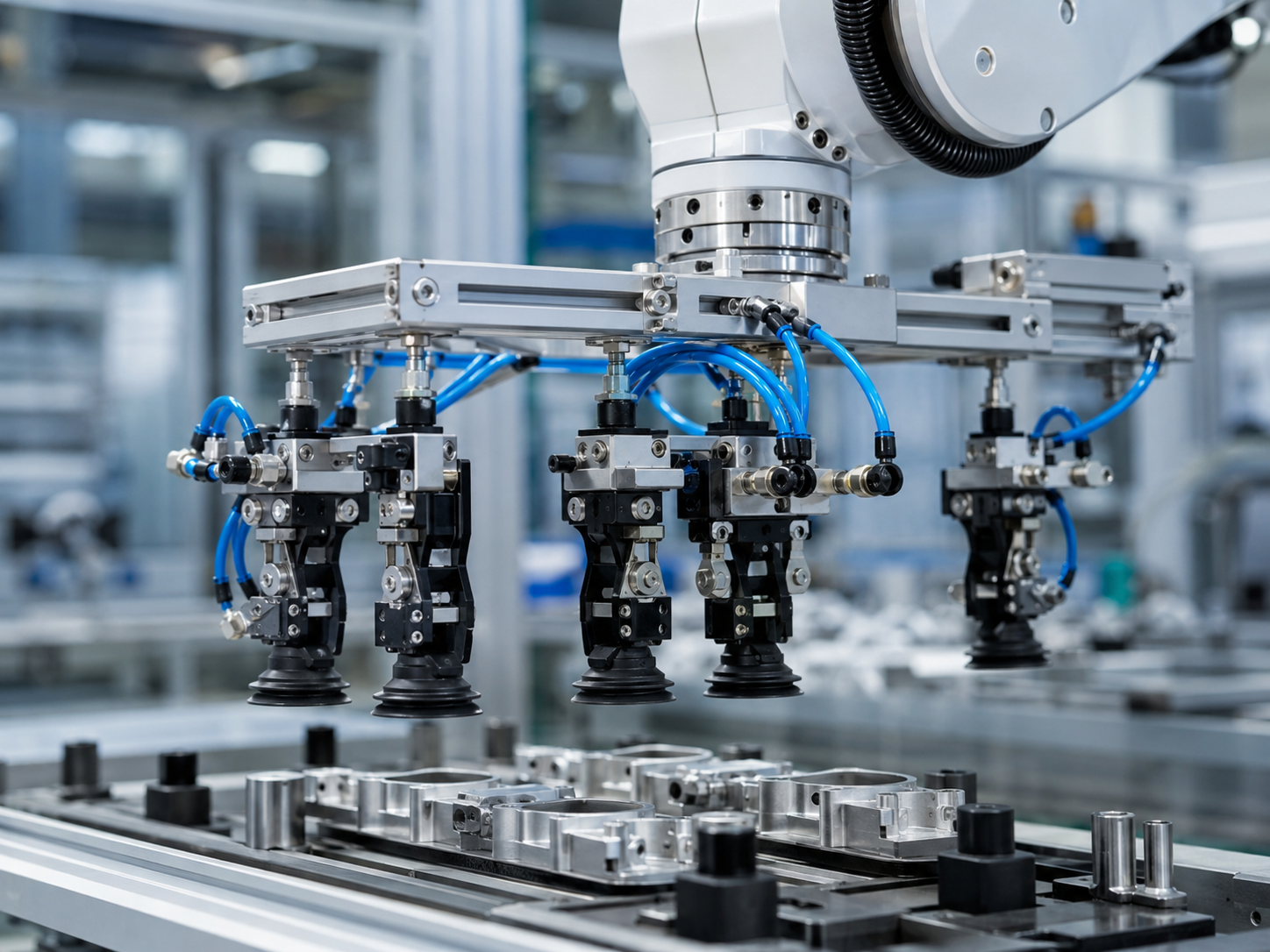 Robotic handling assembly using grippers, vacuum cups and pneumatic components to move manufactured parts.