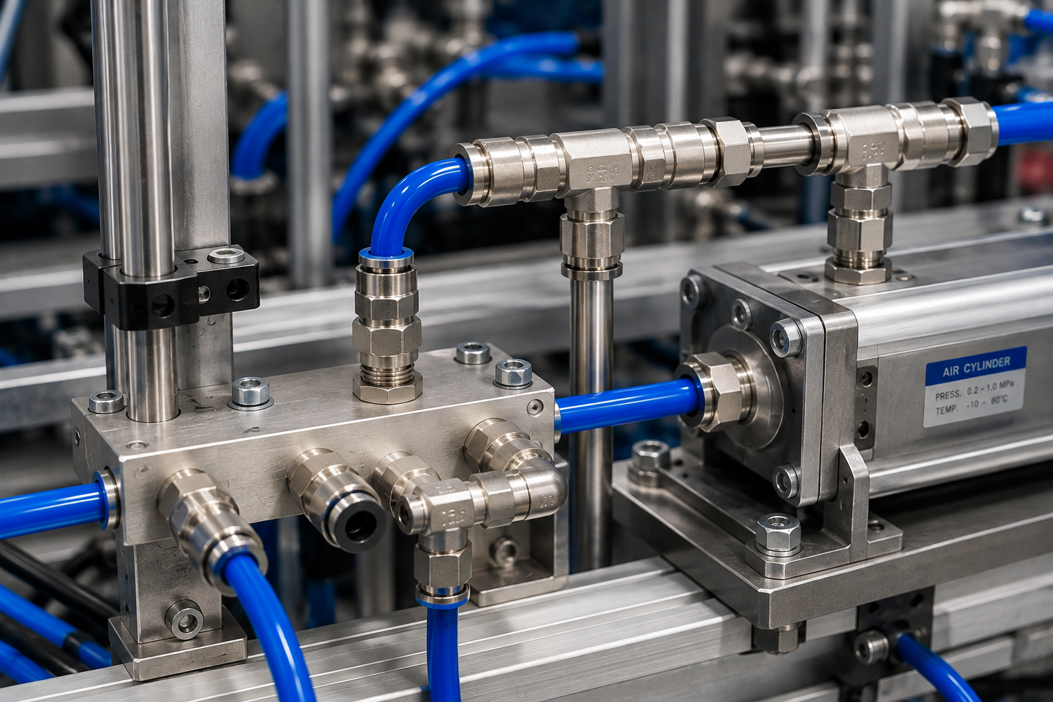 Installed pneumatic system showing a combination of push-in straight, elbow and tee connections with tubing.