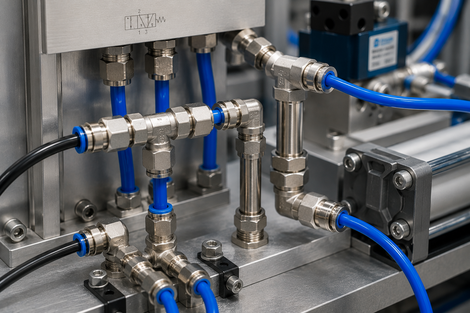 Close industrial image of several stainless-style union pneumatic fittings with tubing: straight union, elbow union and tee-style connection visible.