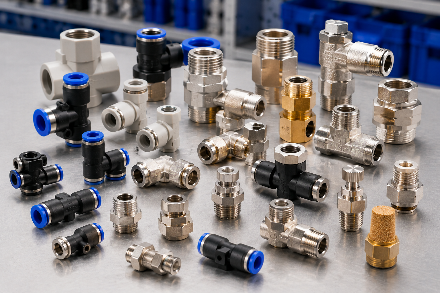 Organized assortment of pneumatic fitting configurations on an industrial work surface: straight connectors, elbows, tees, unions and bulkhead-style fittings with pneumatic tubing nearby.