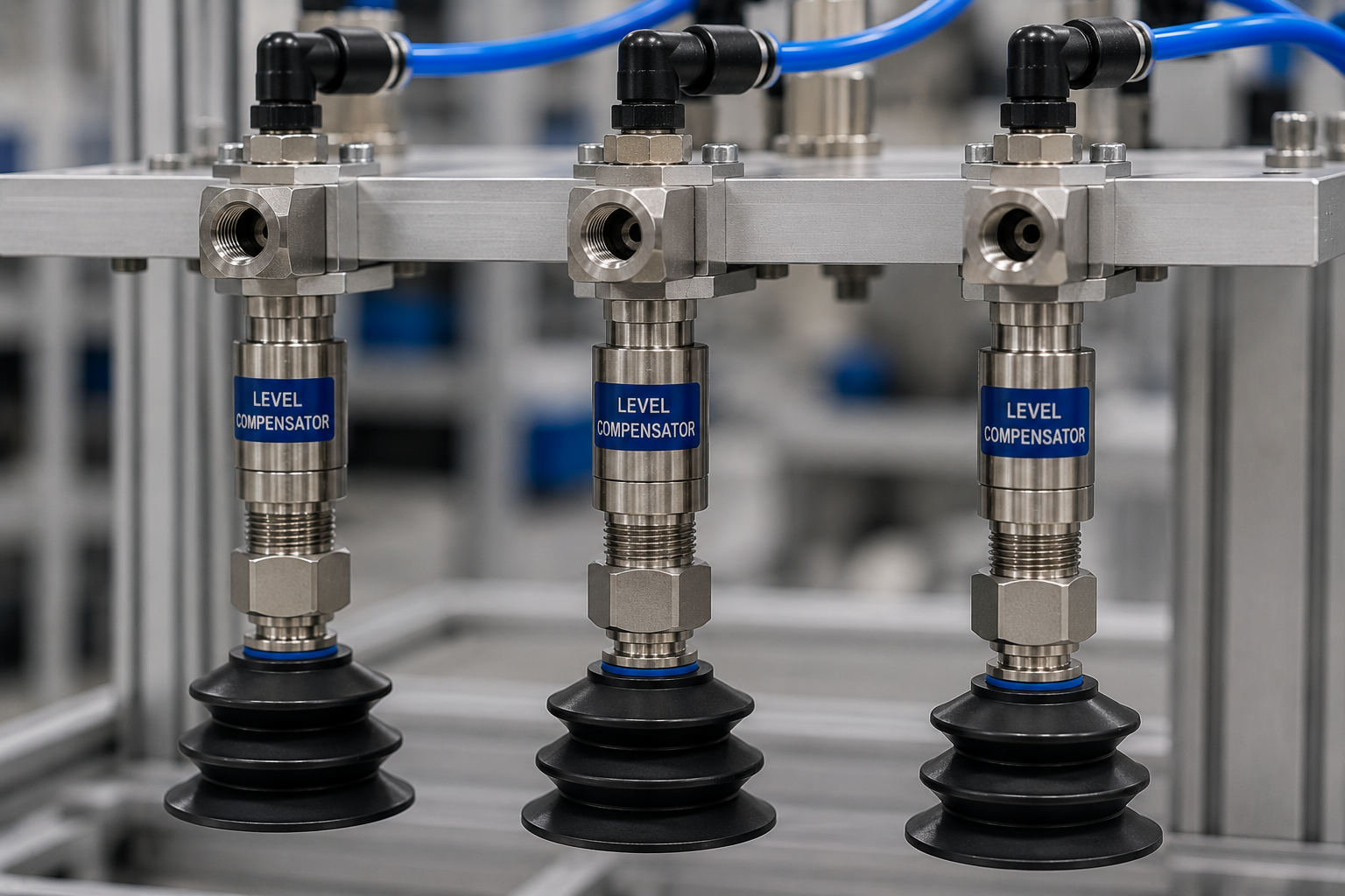 Vacuum level compensators installed with suction cups and pneumatic tubing on industrial automation equipment.