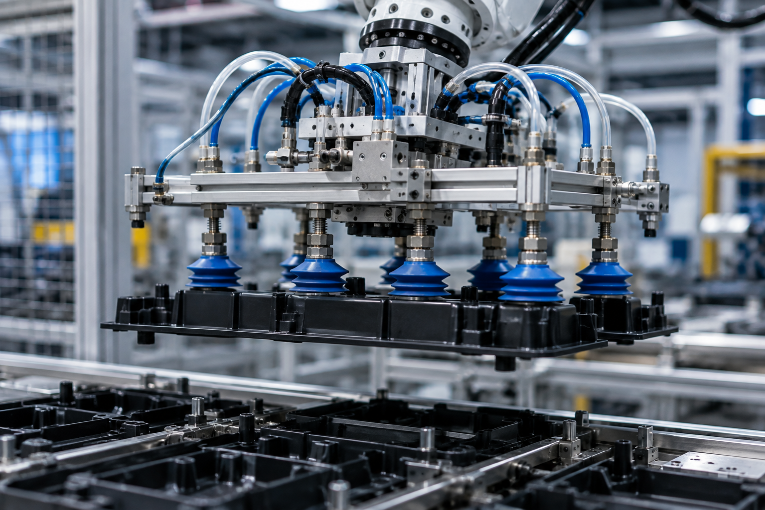 Close-up automated vacuum-handling assembly showing vacuum cups connected through fittings, adapters, pneumatic tubing and an aluminum EOAT frame while handling a manufactured component.