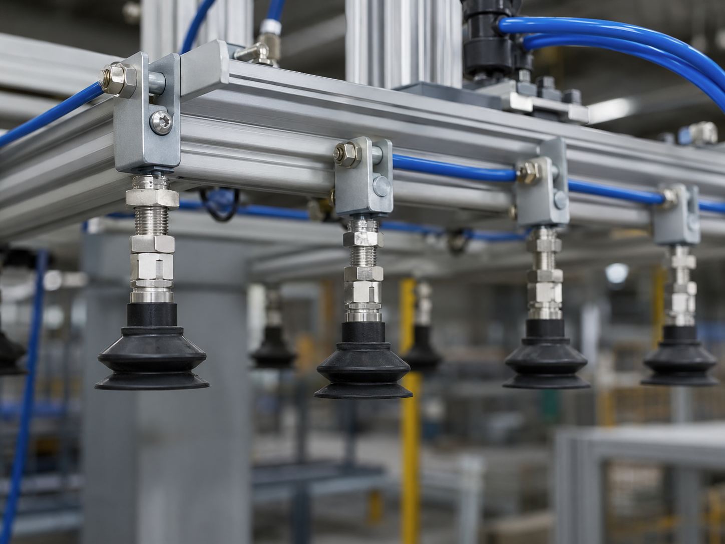 Vacuum handling assembly using level compensators between the tooling frame and suction cups.
