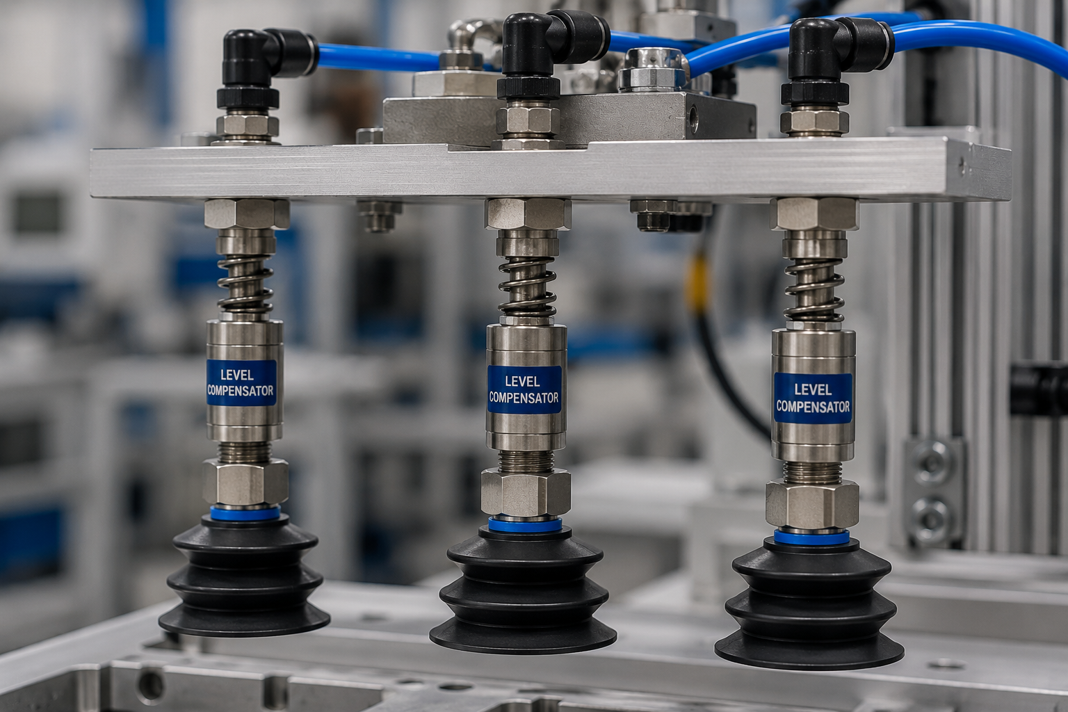ndustrial vacuum cups connected to level compensators on an automated pick-and-place tooling assembly.