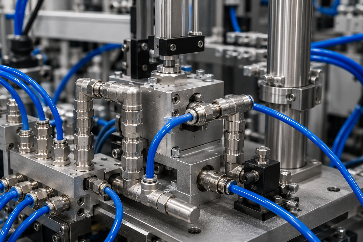 Clean industrial pneumatic installation featuring stainless-steel-style fittings connected to pneumatic tubing on machinery.